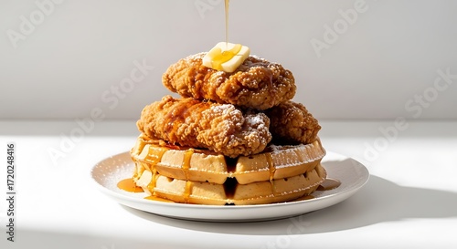 Golden-brown fried chicken, piled high on a stack of waffles, drizzled with sweet syrup and topped with butter, sits on a white plate, showcasing a delicious breakfast creation.