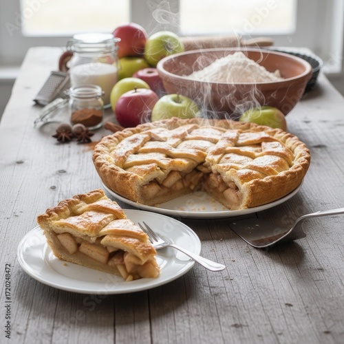Steaming apple pie delight served on a wooden table with baking ingredients, a sweet treat from the kitchen