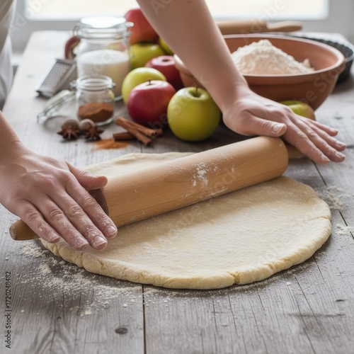 Autumn baking dreams unfold as dough is rolled for delicious apple pie in the kitchen at home
