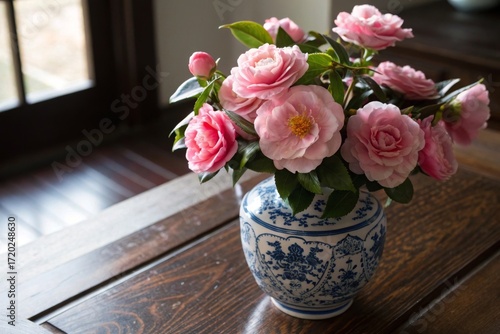 Wallpaper Mural Arranging pink camellias in a traditional blue and white porcelain vase on dark wooden surface for aesthetic home decor inspiration Torontodigital.ca