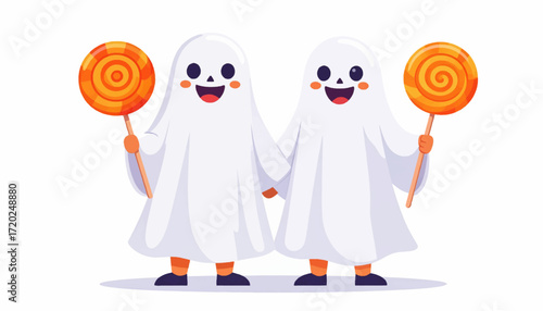 Two Halloween Ghosts Holding Lollipops in a Playful Cartoon Style