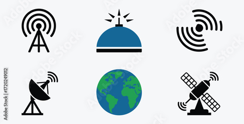 Global communication and broadcast technology icons vector illustration in modern style