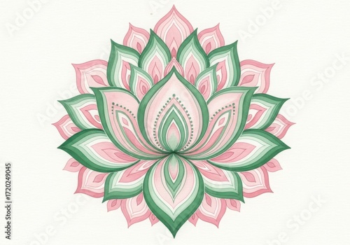 Watercolor lotus flower mandala pattern in pink and green, isolated on white background