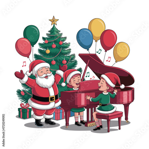 "Santa Claus with Kids Playing Piano and Christmas Tree – Festive Holiday Party Vector Illustration"