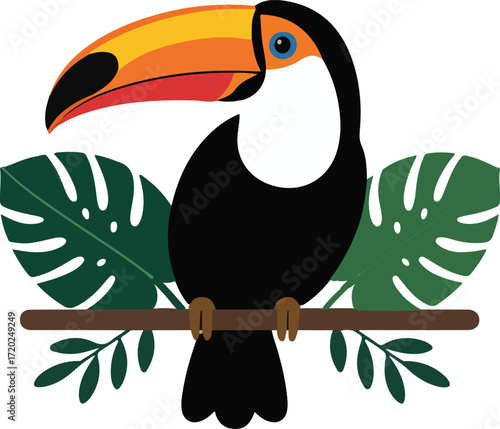 Toucan Bird Perched on a Branch with Tropical Leaves jungle exotic