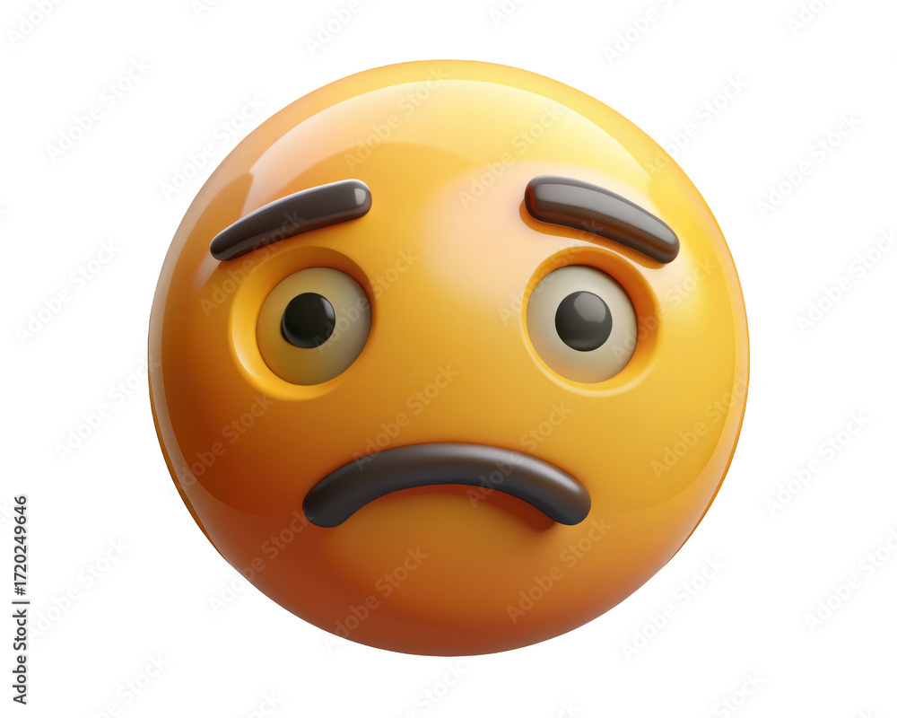 Fototapeta premium Upset yellow emoji expression representing sadness anxiety and disappointment symbolizing negative emotions and feelings 3d illustration isolated on transparent background
