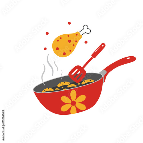 Colorful Frying Pan with Chicken Drumstick and Spatula Cooking Illustration
