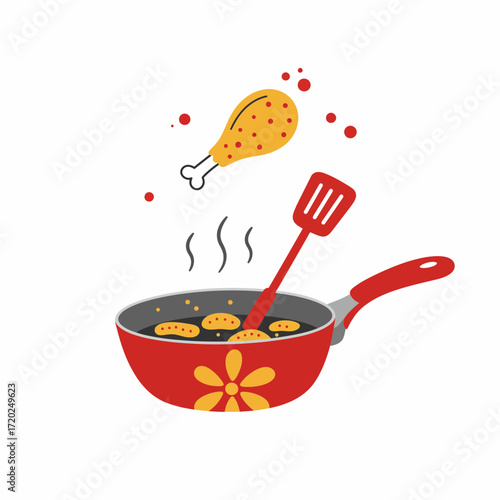 Colorful Frying Pan with Chicken Drumstick and Spatula Cooking Illustration
