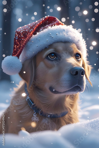 Cute Christmas Dog with Santa Hat