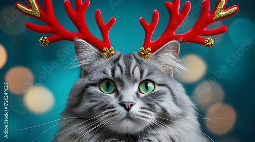 Cute Christmas Cat with Reindeer Antlers