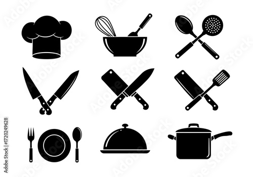 Essential Kitchen Icons: Cooking Tools and Utensils Silhouettes