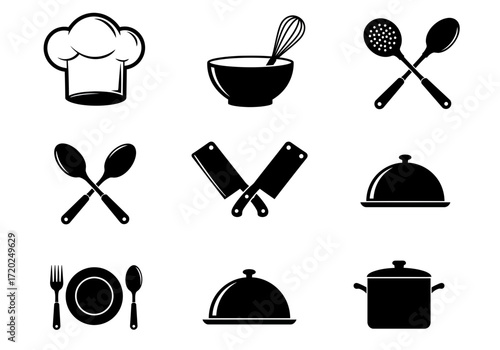Essential Kitchen Icons: Cooking Tools and Utensils Silhouettes