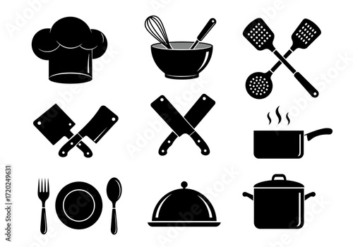 Essential Kitchen Icons: Cooking Tools and Utensils Silhouettes