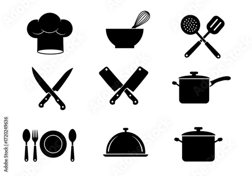 Essential Kitchen Icons: Cooking Tools and Utensils Silhouettes
