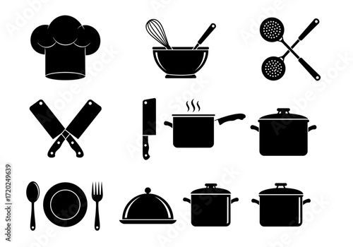 Essential Kitchen Icons: Cooking Tools and Utensils Silhouettes