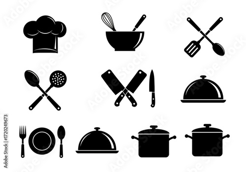 Essential Kitchen Icons: Cooking Tools and Utensils Silhouettes