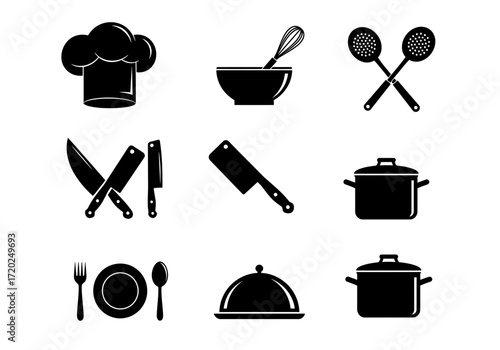 Essential Kitchen Icons: Cooking Tools and Utensils Silhouettes