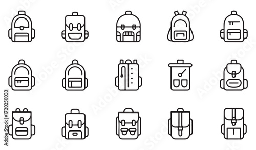 Line art symbol pack of luggage, school bags, and adventure backpacks for travel and education projects