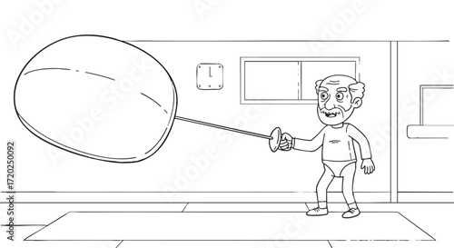 Elderly man fencing with a large balloon indoors