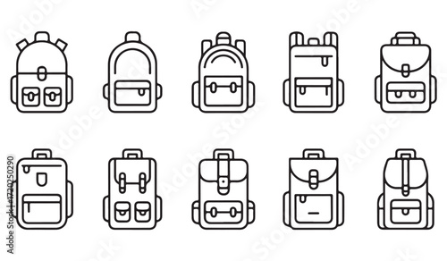 Vector set of student backpacks, hiking rucksacks, and lifestyle bags in outline stroke style