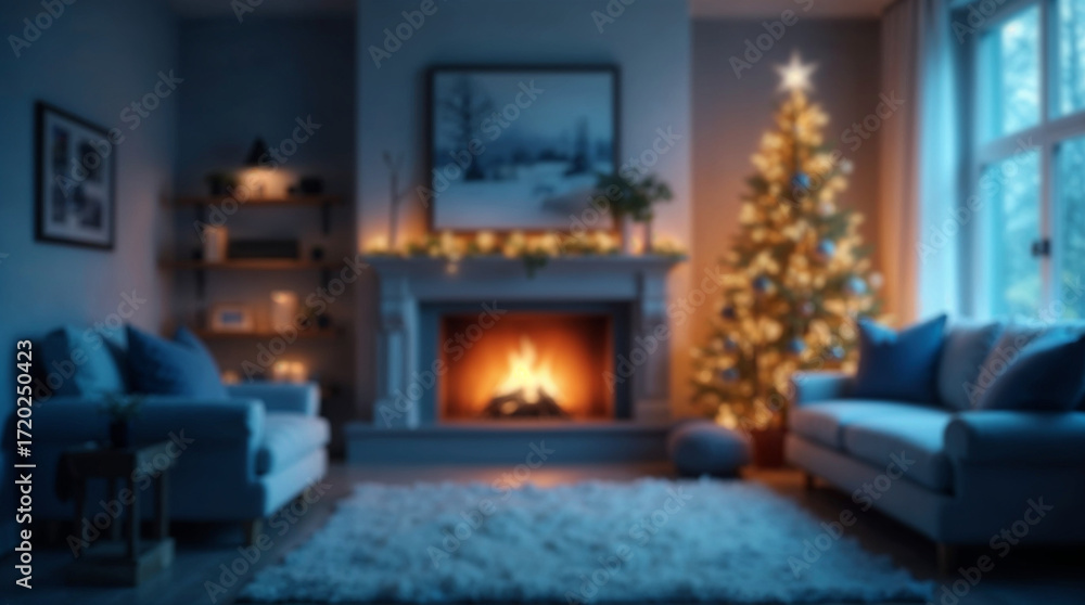 Naklejka premium Blurred Christmas background with tree and lights warm comfortable cozy interior space decorated for holidays