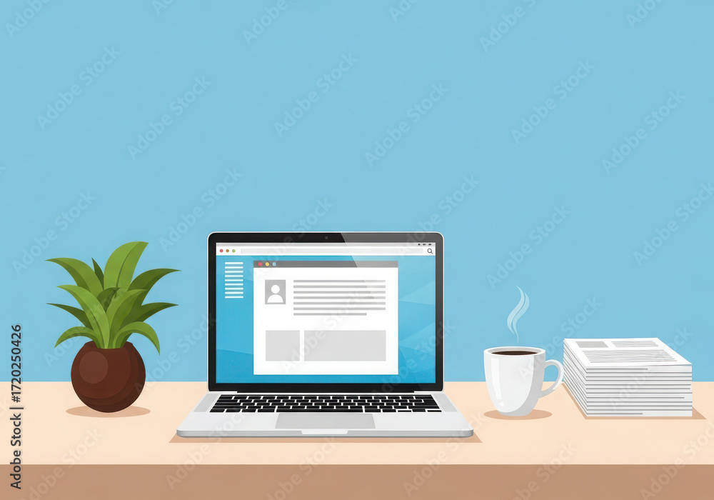 Fototapeta premium Modern home office desk with laptop plant and coffee cup