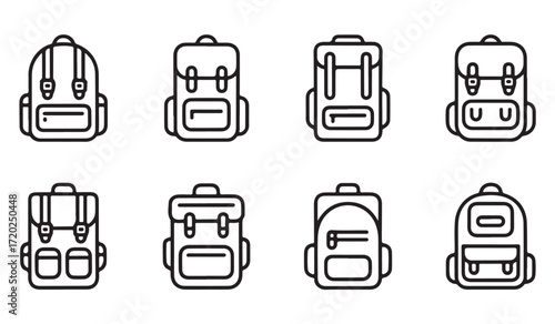 Minimal black line illustrations of travel backpacks, camping packs, and education bags for design themes