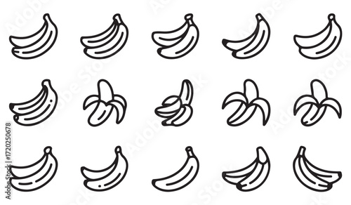 Black stroke banana fruit icons representing organic tropical produce isolated on white background