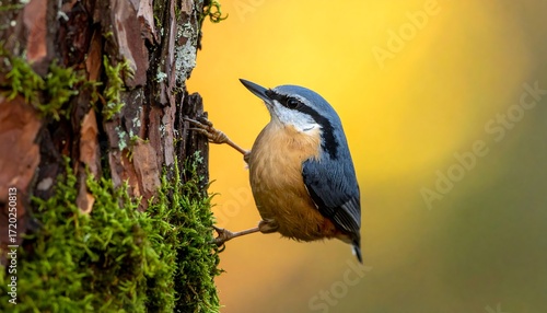 A nuthatch perched on a pine tree trunk in autumn