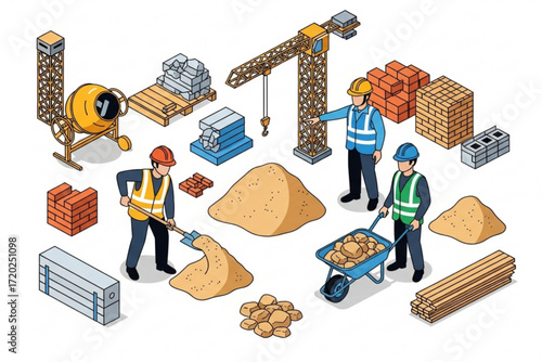 - Isometric Construction Site with Workers and Materials