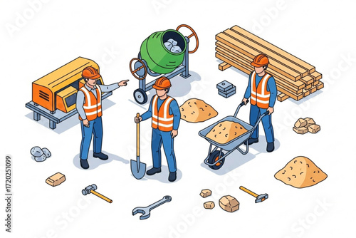 - Isometric Construction Workers with Tools and Materials Vector Illustration