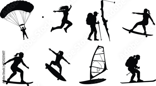 Adventure sports silhouette, parachuting, skateboarding, surfing, skiing, hiking, windsurfing, outdoor activity, extreme sports, fitness, black illustration, active lifestyle
