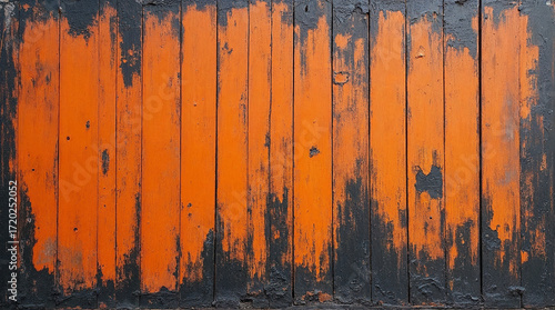 Grungy orange and black background wooden wall planks with peeling paint for Halloween spooky creepy backdrop