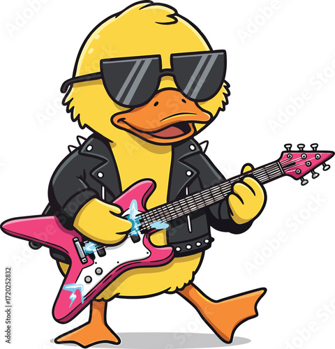 Cartoon duck rockstar playing a pink electric guitar with sunglasses illustration character