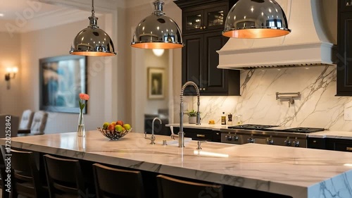 Elegant modern kitchen with a spacious marble island, contemporary dark cabinetry, and stylish pendant lighting, creating a luxurious and functional home interior
