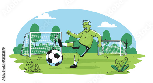 Vibrant cartoon of an elderly man enjoying a soccer game outdoors, promoting an active and healthy lifestyle for retirees