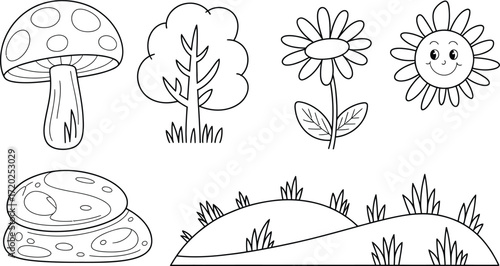 Outlined mushroom tree and flowers on hills coloring page for kids
