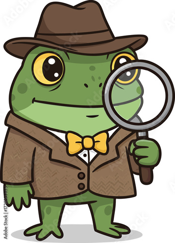 Cartoon frog detective wearing a hat and holding a magnifying glass illustration character