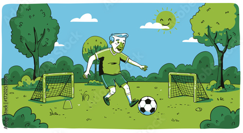 A joyous depiction of an older man playing soccer in a park on a sunny day, surrounded by trees and soccer goals, illustrating an active and healthy lifestyle