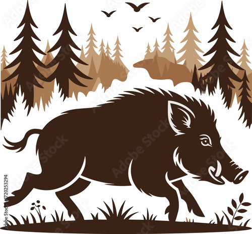 Wild boar running across forest. Mammal animal isolated illustration.