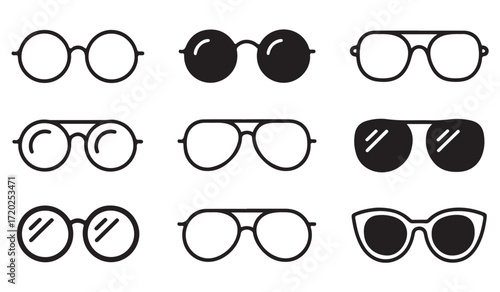 Collection of outline and filled sunglasses and eyeglass icons in minimal black style isolated on white