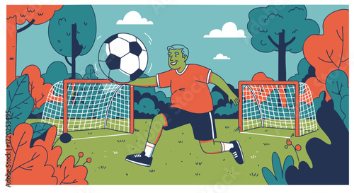 Energetic senior man enjoying a vibrant game of soccer in a sunny park, embracing an active and healthy lifestyle with passion and joy