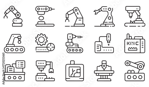 Line art vector pack of factory automation, CNC machines, and engineering tools for industry concepts