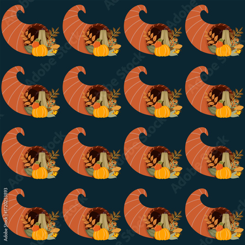 pattern with orange cornucopias overflowing with pumpkins, gourds, leaves, and corn, arranged on a deep teal background, perfect for Thanksgiving fabric, festive decor, and seasonal packaging