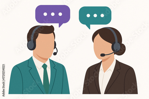 Faceless Business Characters with Headsets and Speech Bubbles for Customer Service and Call Center Design