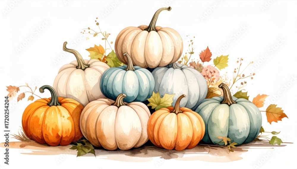 Obraz premium Assorted Watercolor Pumpkins and Autumn Leaves on White Background for Fall Thanksgiving Harvest Celebration