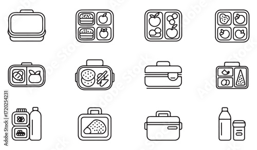 Line art icon pack of reusable lunch containers, school meals, and portable food storage for daily use