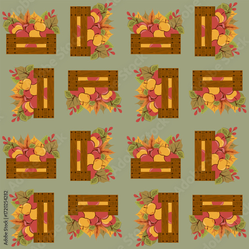 Autumn harvest seamless pattern with wooden crates, apples, and colorful leaves on a light green background, flat design