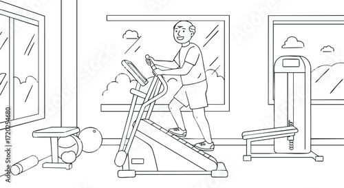 Vibrant senior man enthusiastically uses an elliptical machine in a bright gym, symbolizing active aging, dedication to health, and a fulfilling exercise routine for improved well-being