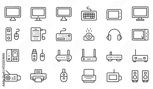 Black stroke icons of monitors, projectors, smartphones, and speakers for digital technology illustrations